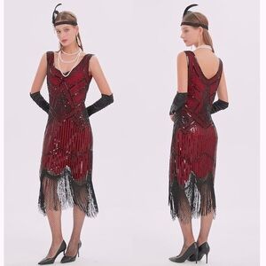 Vintage-Inspired Red Beaded Fringe Midi Dress